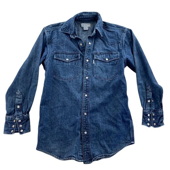 Vintage Carhartt Mens Denim Shirt Small Snap Pearl Blue Long Sleeve Western - Picture 1 of 16